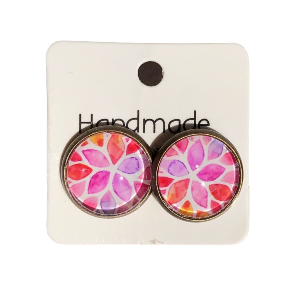 Tropical Pink Flower Bronze Stud Earrings!